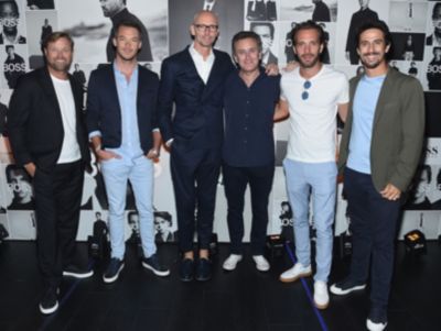   Alex Thomson, Andre Lotterer, Chief Brand Officer Ingo Wilts, Alejandro Agag, Lucas Di Grassi and Jean-Eric Vergne attend the Champions Wear BOSS