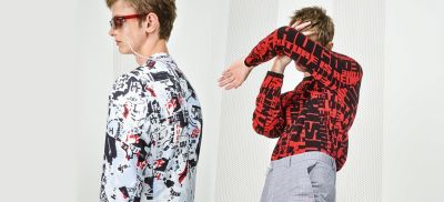 Male model wearing outfits with print pattern by HUGO 