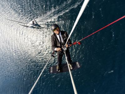 Skipper Alex Thomson performing the Skywalk