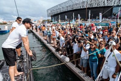Alex Thomson wearing shorts, shirt, hat by BOSS at the Route du Rhum