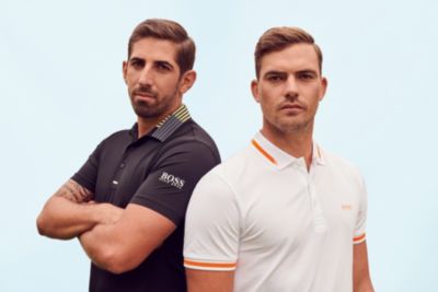 Professional golf player wearing a polo shirt and golf trousers by BOSS