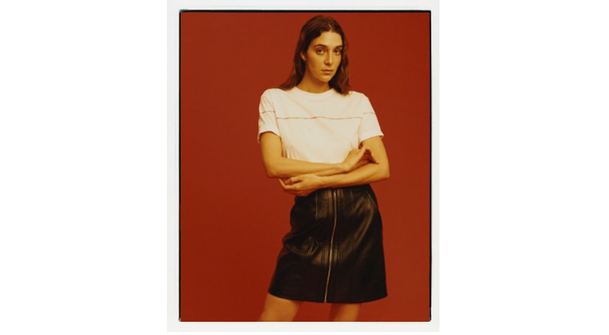 White t-shirt and black leather skirt for women by HUGO
