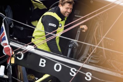 British yachtsman Alex Thomson onboard on his IMOCA Open60 BOSS race yacht.