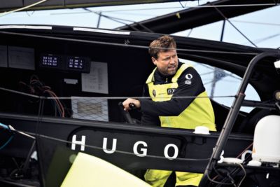 British yachtsman Alex Thomson onboard on his IMOCA Open60 BOSS race yacht.