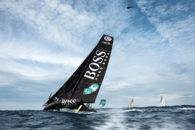British yachtsman Alex Thomson onboard on his IMOCA Open60 BOSS race yacht.
