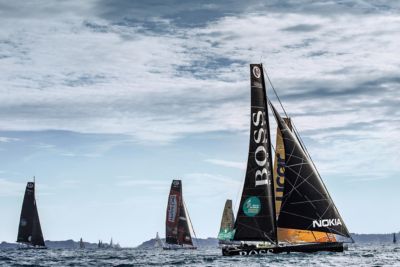 British yachtsman Alex Thomson onboard on his IMOCA Open60 BOSS race yacht.