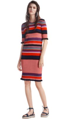 Woman wearing multicolor printed dress and blue sandals by BOSS