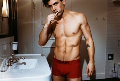  Male model wearing red boxershorts by HUGO