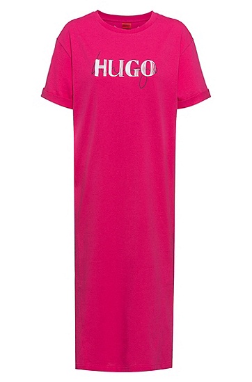 休闲双LOGO棉质T恤连衣裙,  671_Bright Pink