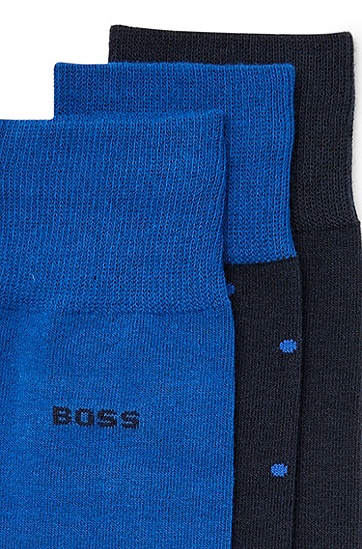 BOSS 博斯棉质混纺面料中长袜三双装,  401_Dark Blue