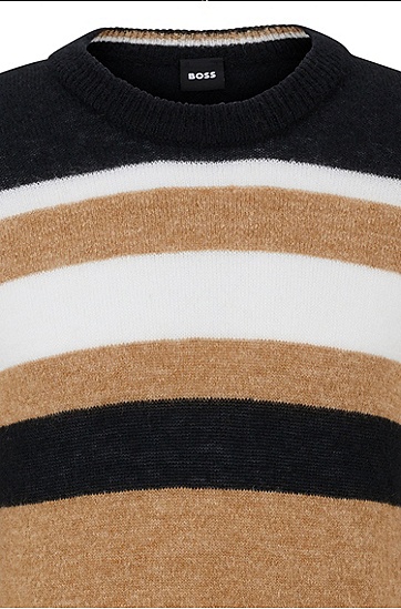 BOSS 博斯罗纹袖口常规版型圆领毛衣,  001_Black