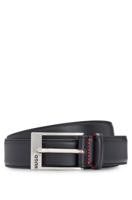 Calf-leather belt with polished silver-tone buckle, Black