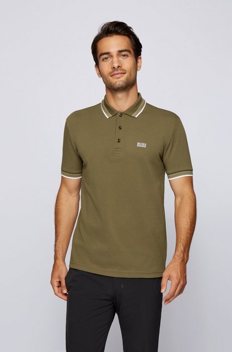 Cotton-piqué polo shirt with striped collar and cuffs, Light Green