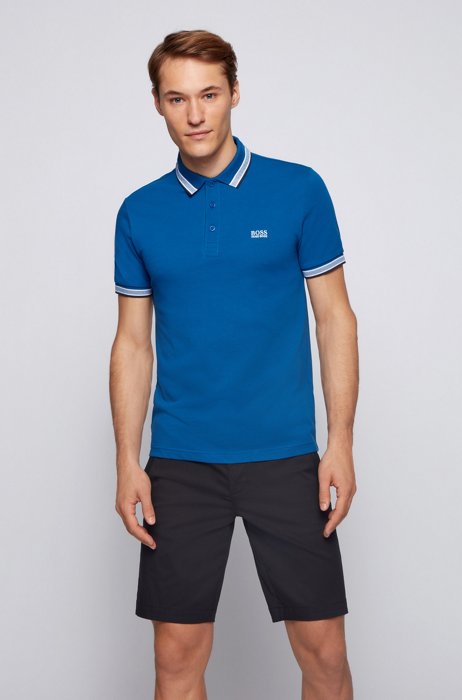 Cotton-piqué polo shirt with striped collar and cuffs, Blue