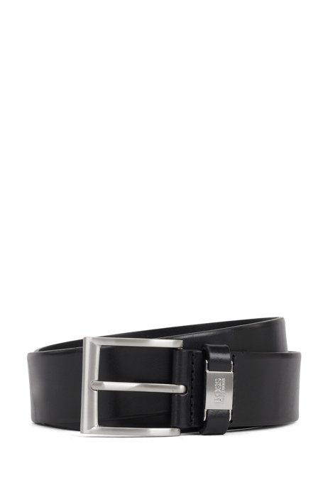 Leather belt with branded hardware keeper, Black