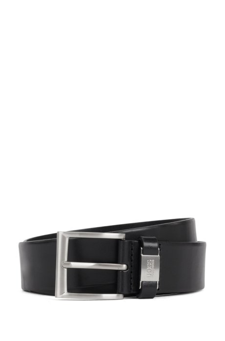 Italian-leather belt with metal-trimmed engraved keeper, Black