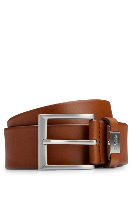 Leather belt with branded hardware keeper, Brown