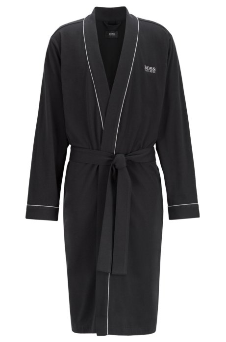 Cotton dressing gown with contrast piping, Black