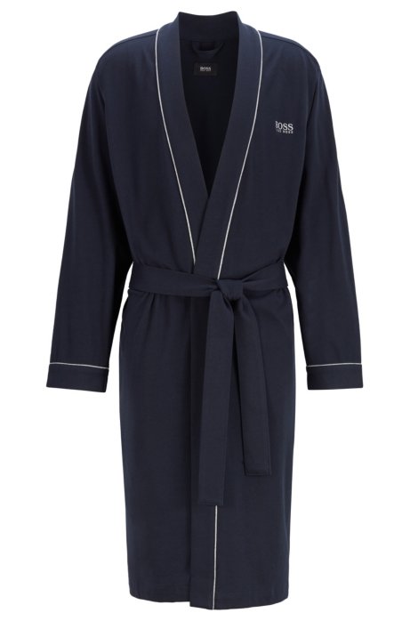 Cotton dressing gown with contrast piping, Dark Blue