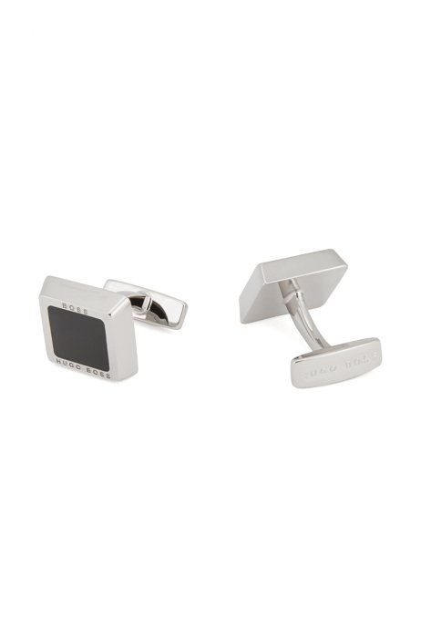 Square cufflinks with enamel insert and engraved logo, Black