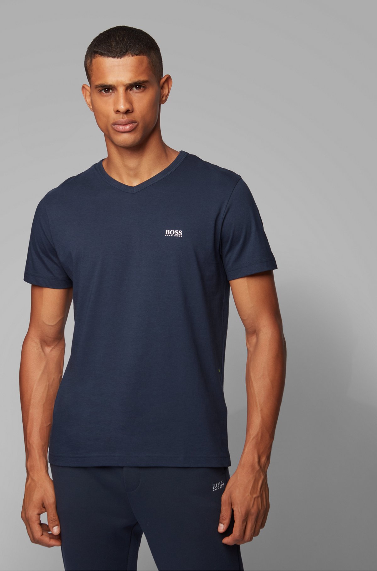 Regular-fit V-neck T-shirt in soft cotton, Dark Blue