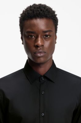 Camicia slim fit in popeline di cotone facile da stirare, Nero