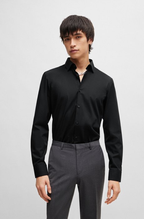 Slim-Fit Hemd aus bügelleichter Baumwoll-Popeline, Schwarz