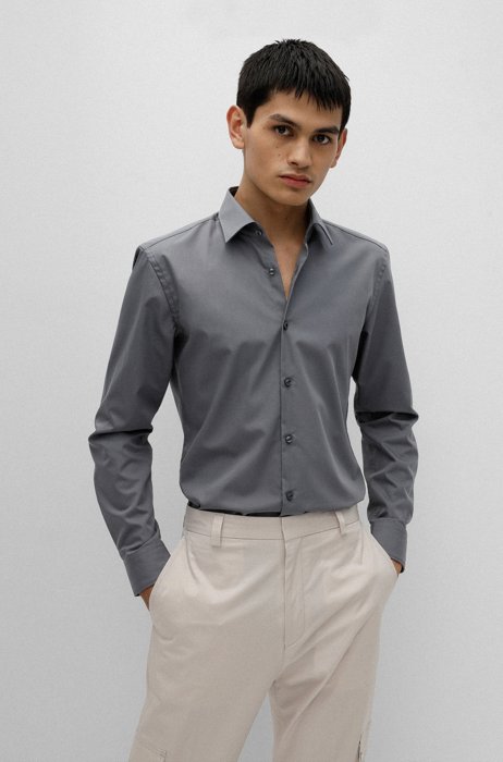 Slim-fit shirt in easy-iron cotton poplin, Light Grey