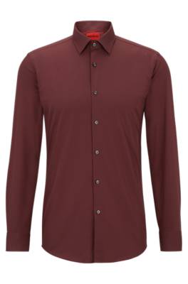 Hugo Slim-fit Shirt In Easy-iron Cotton Poplin In Burgundy