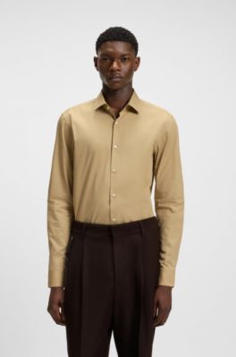 Camisa slim fit en popel&iacute;n de algod&oacute;n de planchado f&aacute;cil, Beige