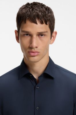 Slim-fit shirt in easy-iron cotton poplin, Dark Blue