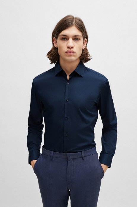 Camisa slim fit en popelín de algodón de planchado fácil, Azul oscuro