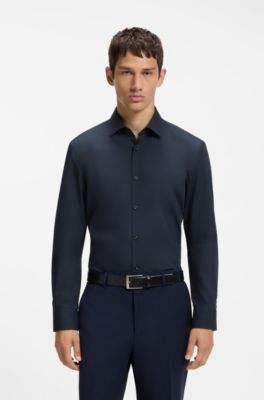Slim-fit shirt in easy-iron cotton poplin, Dark Blue