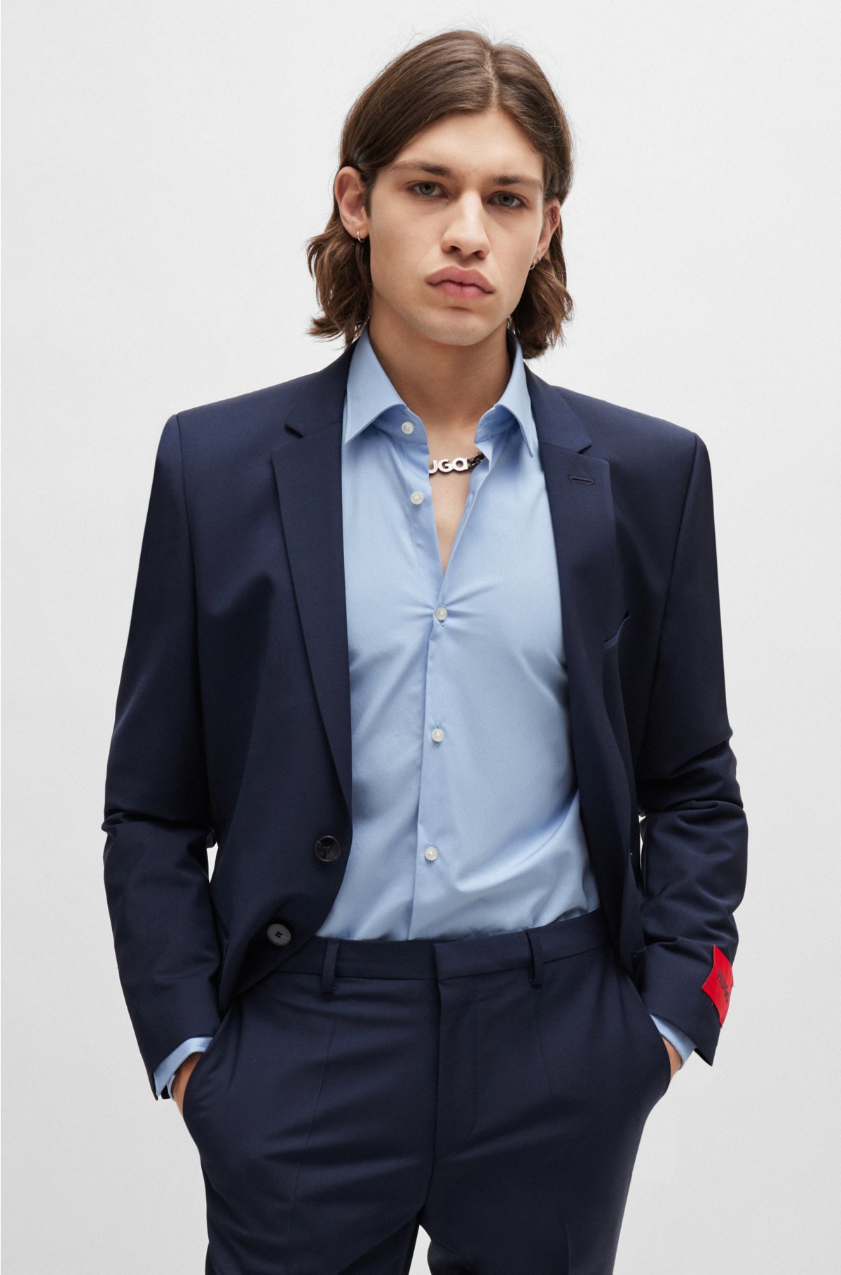 Slim-fit shirt in easy-iron cotton poplin, Light Blue