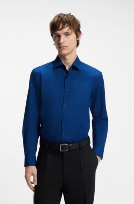 Camisa slim fit en popel&iacute;n de algod&oacute;n de planchado f&aacute;cil, Azul