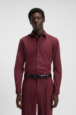 Camicia slim fit in popeline di cotone facile da stirare, Rosso scuro