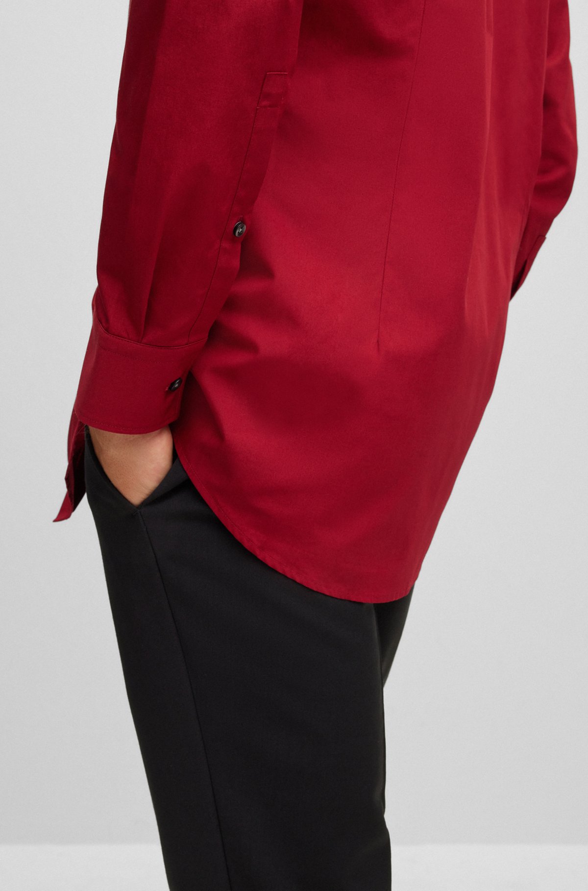 Slim-fit shirt in easy-iron cotton poplin, Dark Red