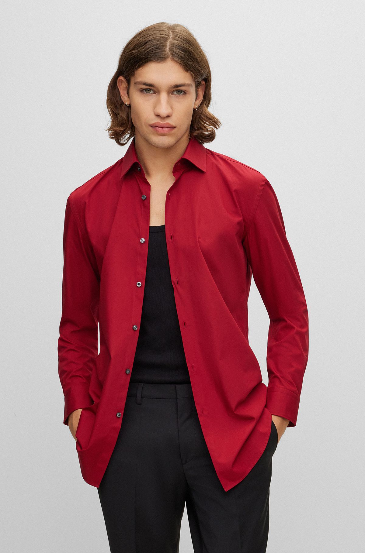 Slim-fit shirt in easy-iron cotton poplin, Dark Red