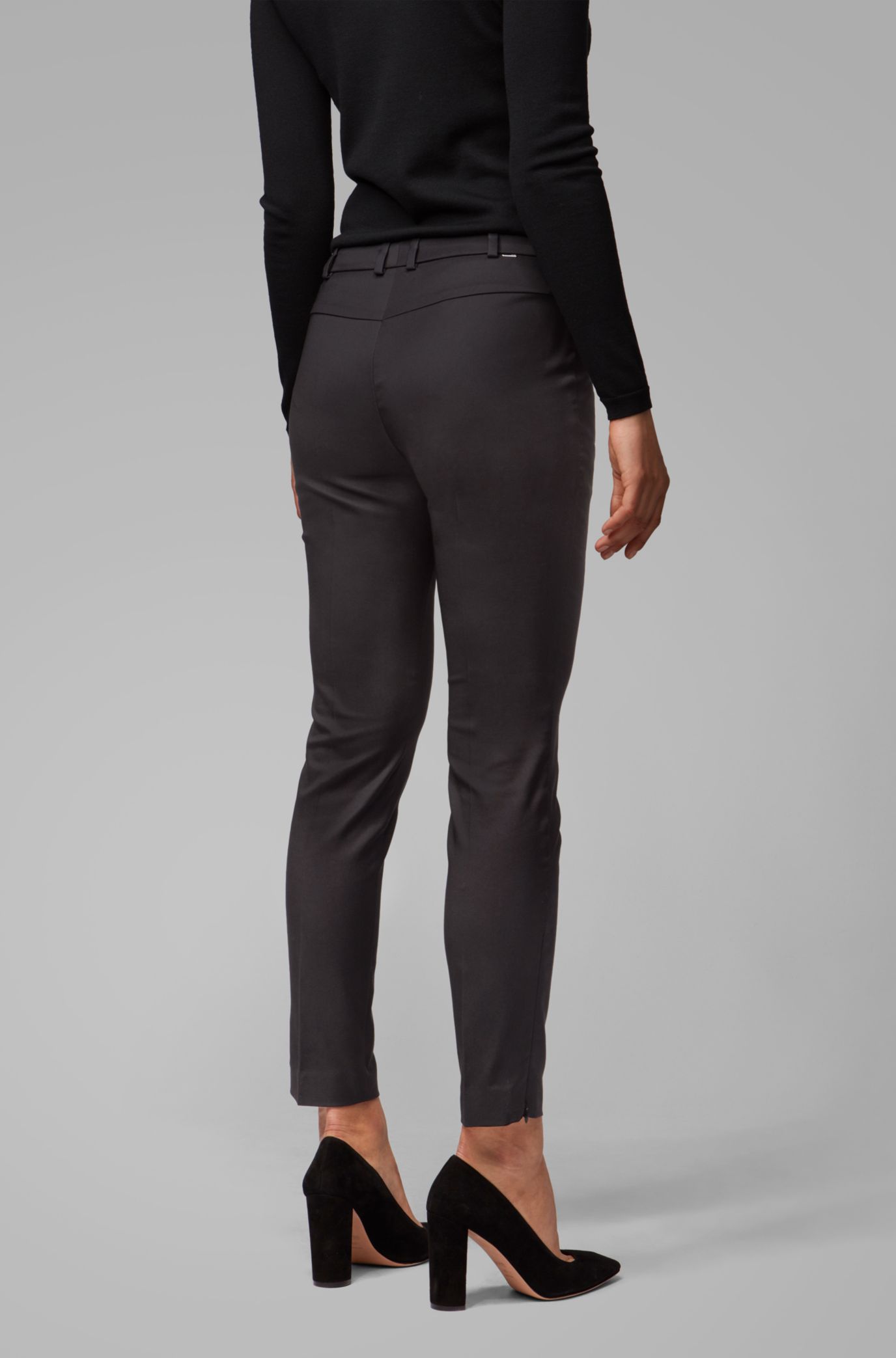 BOSS Cropped slim fit trousers with zipped hems Black
