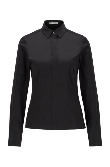 Slim-fit blouse in stretch cotton-blend poplin, Black
