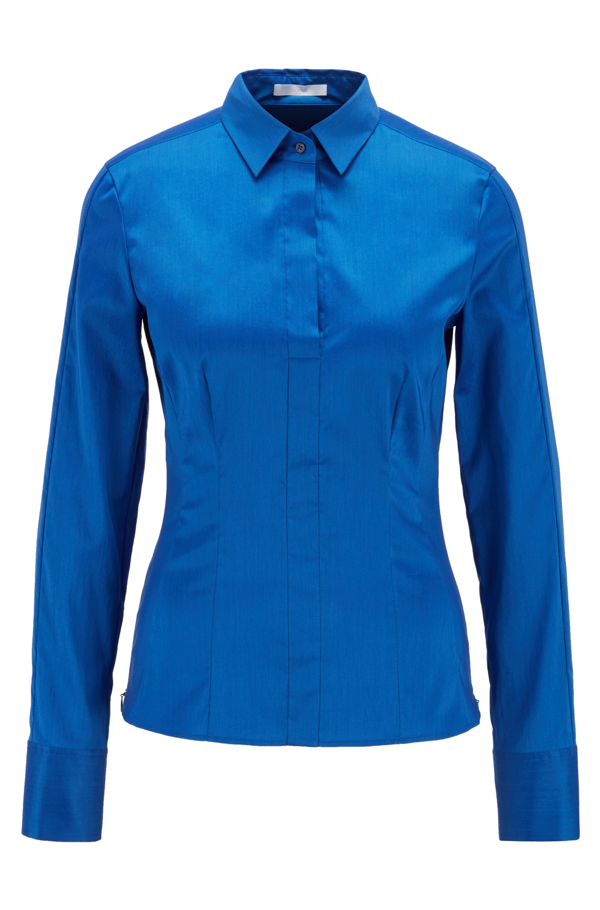 Slim-fit blouse in stretch cotton-blend poplin, Light Blue
