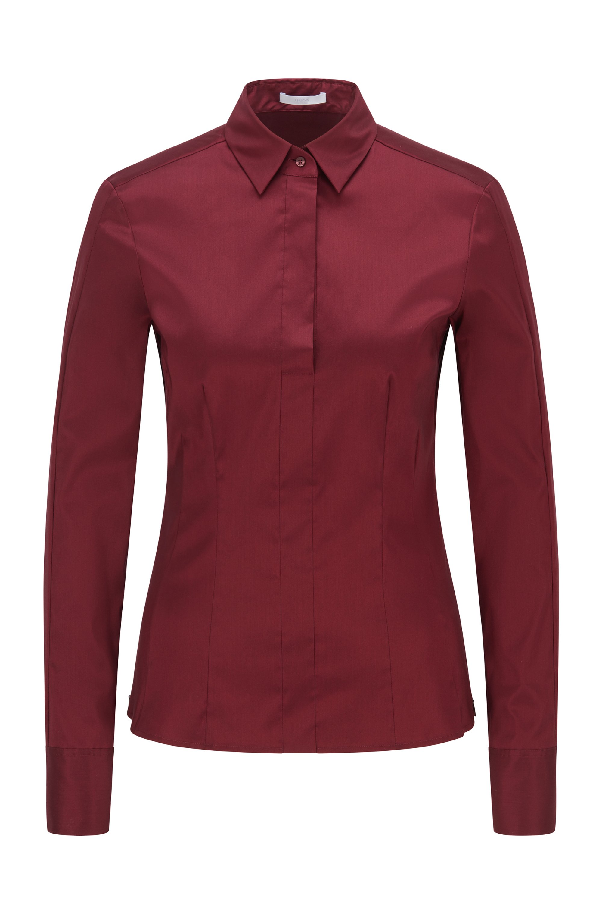 Slim-fit blouse in stretch cotton-blend poplin, Dark Red