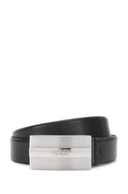 Leather belt with brushed-silver plaque 