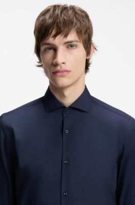 Slim-fit shirt in cotton with spread collar, Dark Blue