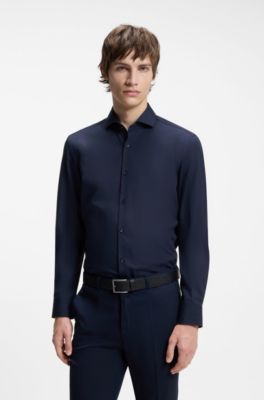 Slim-fit shirt in cotton with spread collar, Dark Blue