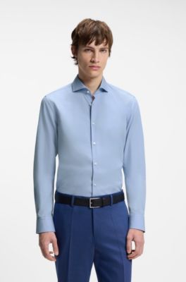 Slim-fit shirt in cotton with spread collar, Light Blue