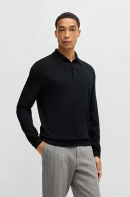 Knit polo sweater in virgin wool, Black