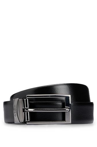 Reversible leather belt with branded keeper, Black