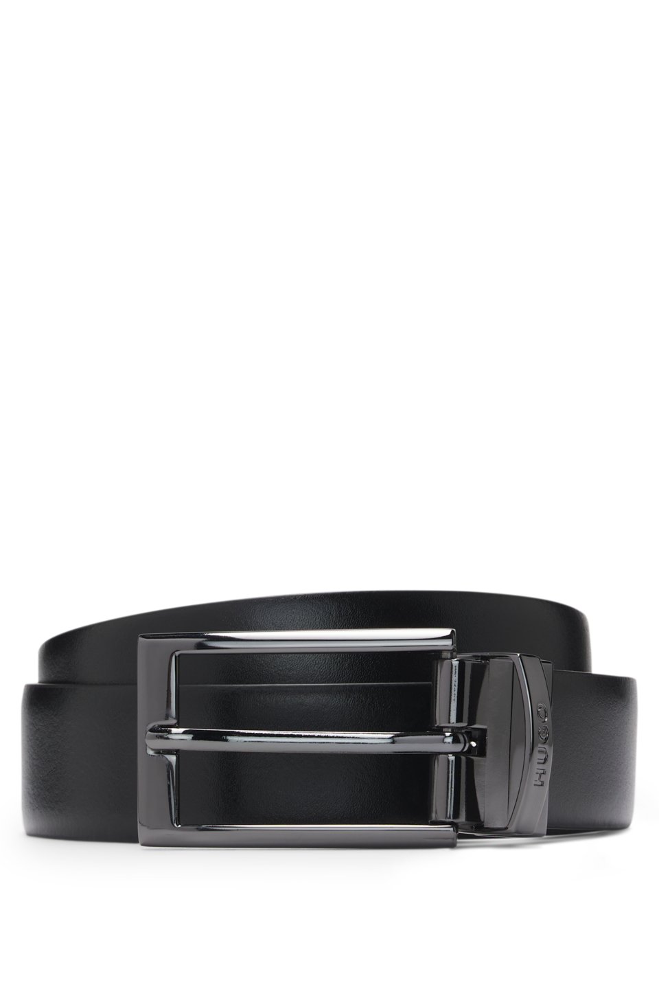 Reversible leather belt with branded keeper