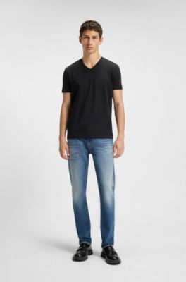 Zweierpack T-Shirts aus Stretch-Baumwolle mit V-Ausschnitt, Schwarz